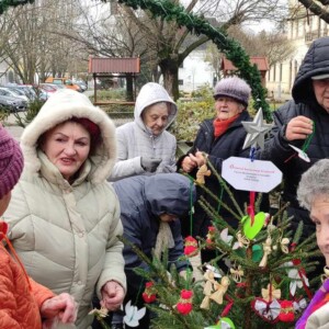 Városi Humánsegítő és Szociális Szolgálat | Galéria Idősek csoportképe egy Karácsonyfa mellett.