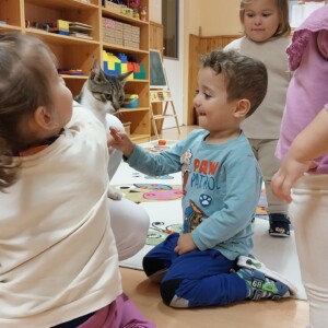 Városi Humánsegítő és Szociális Szolgálat | Állatok Világnapja a bölcsődében Cicával játszó gyermekek.