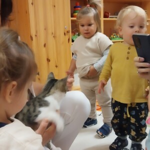 Városi Humánsegítő és Szociális Szolgálat | Állatok Világnapja a bölcsődében Cicával játszó gyermekek.